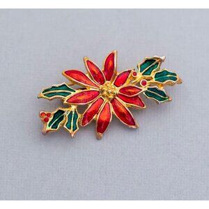Vintage Art Nouveau Red Flower Mistletoe Floral Vermillion Christmas Brooch - C1
